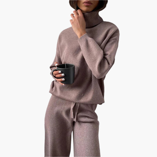 Dam Lounge-set Stickad Polotröja och Byxa – Bekväm och Elegant Mysoutfit
