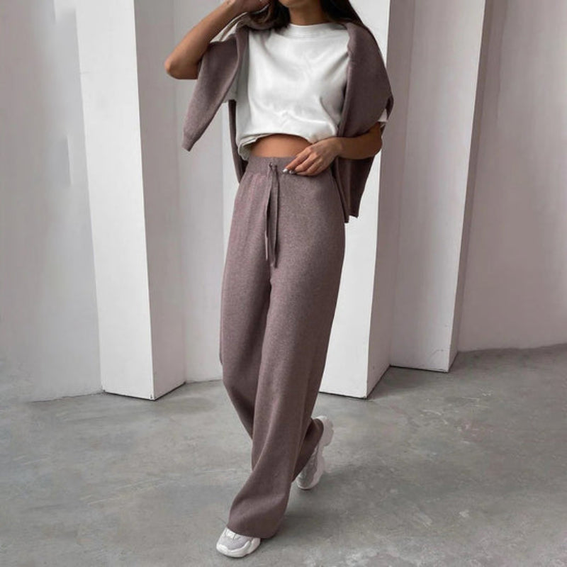 Dam Lounge-set Stickad Polotröja och Byxa – Bekväm och Elegant Mysoutfit