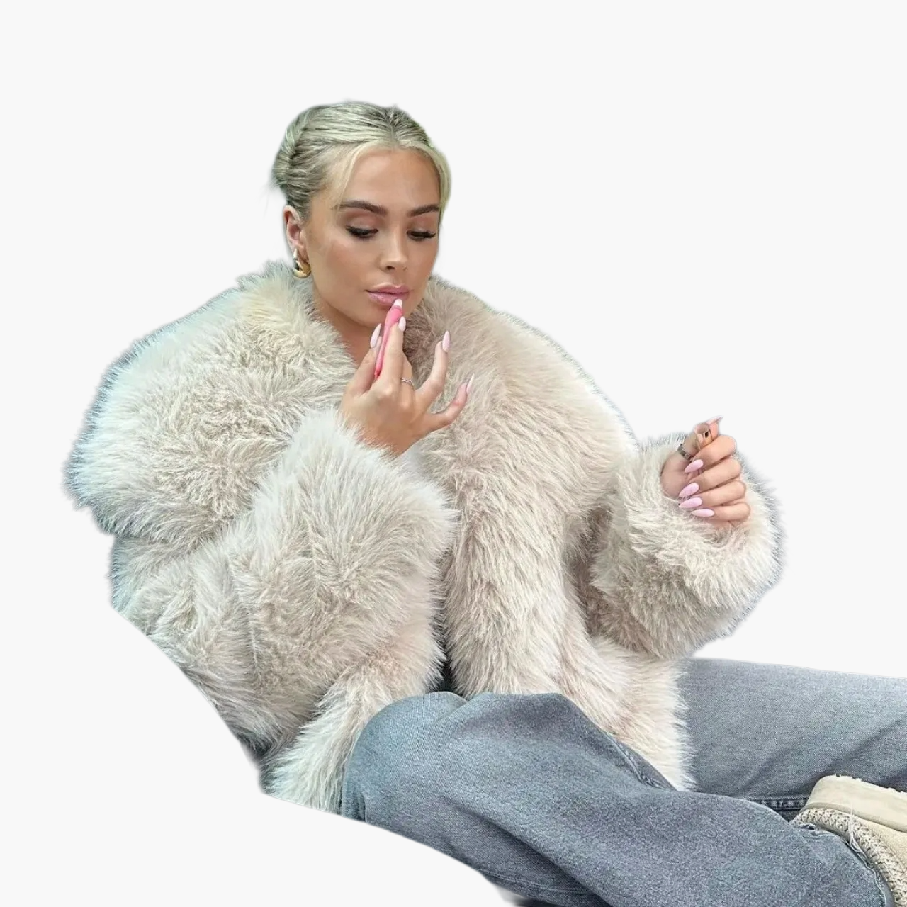 Dam Kort Lyxig Fuskpälsjacka – Trendig Modejacka för Vinter och Fest