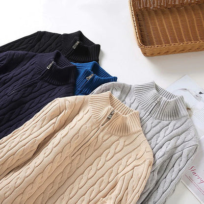 Herrstickad halvpolo med dragkedja – Klassisk kabelstickad tröja för elegant vardagsstil