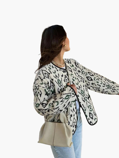 Dam Quiltad Mönstrad Bomberjacka – Trendig Ledig Vårjacka