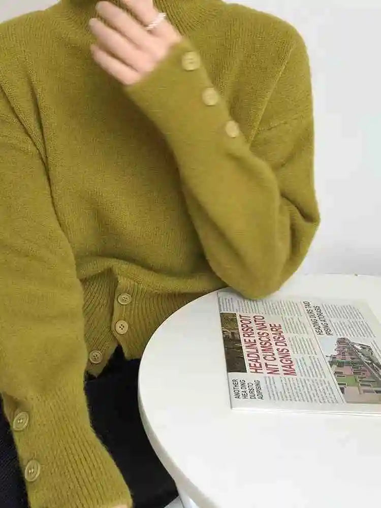 Damers Elegant Oversized Stickad Tröja med Knappar – Avslappnad Mode för Vardagsbruk