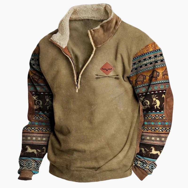 Herrar Western Fleece Pullover – Etno Mönstrad Tröja med Kvartdragkedja och Buffelmotiv