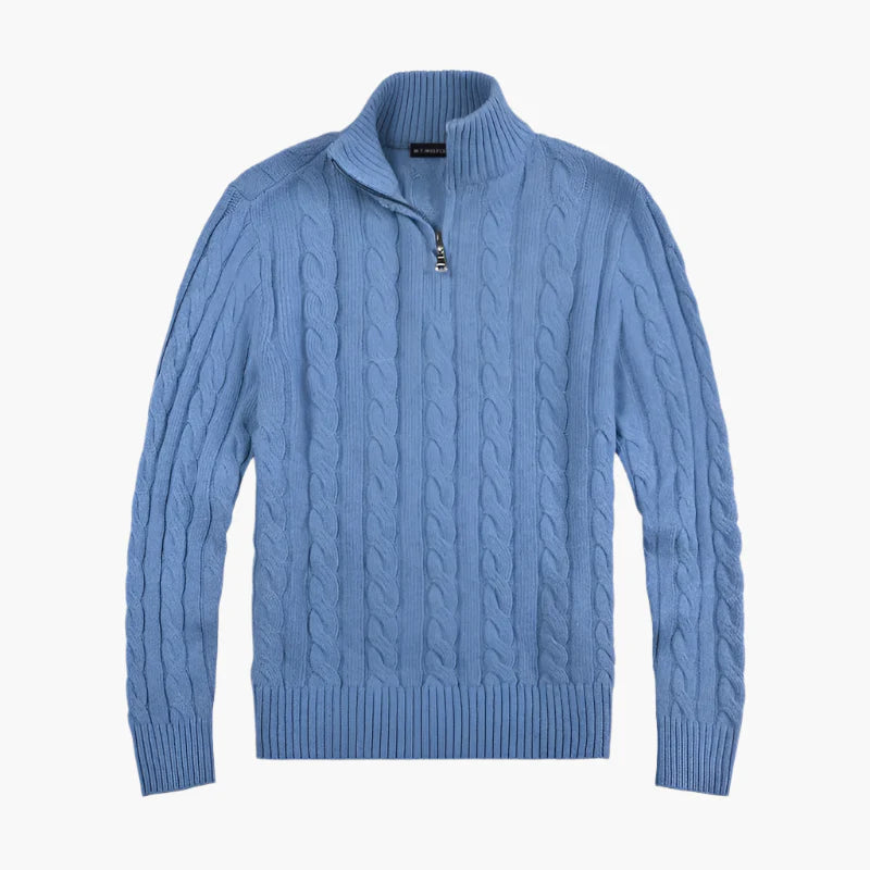Herrstickad halvpolo med dragkedja – Klassisk kabelstickad tröja för elegant vardagsstil