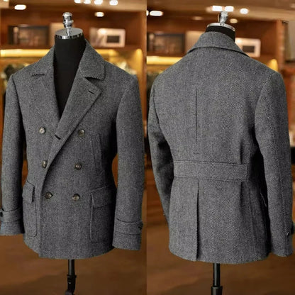 Herr Dubbelknäppt Kavaj – Klassisk Herringbone Vintage Blazer för Fest och Vardag