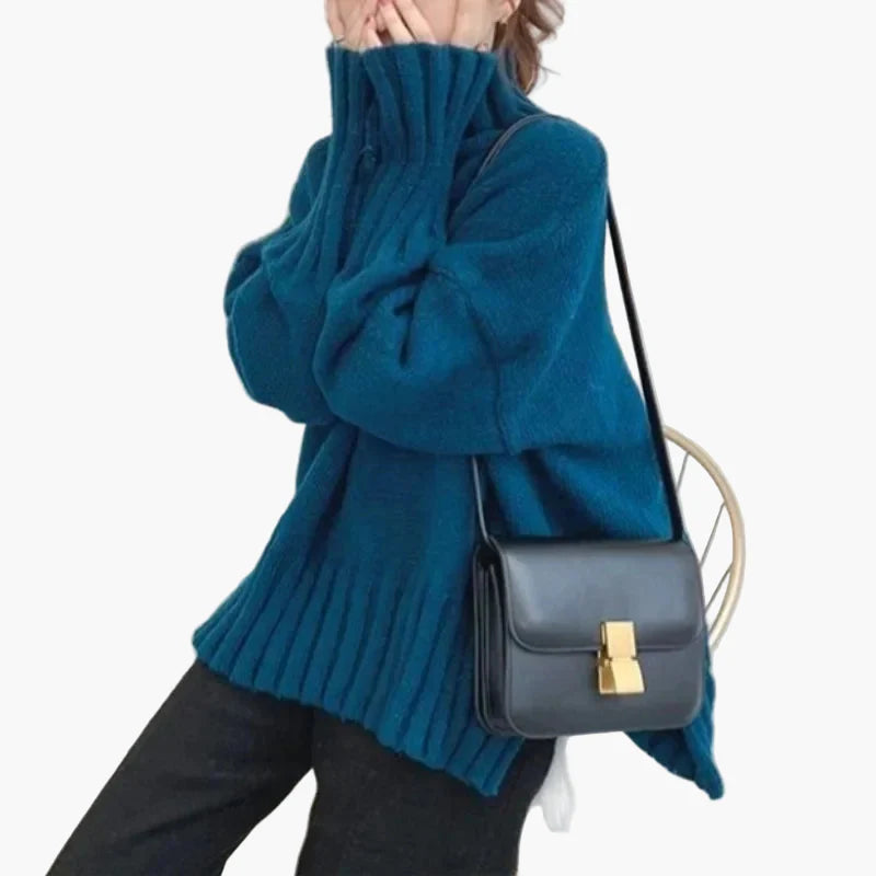 Damstickad oversize tröja med hög krage – koreansk stil för höst och vinter