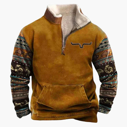 Herrar Western Fleece Pullover – Etno Mönstrad Tröja med Kvartdragkedja och Buffelmotiv