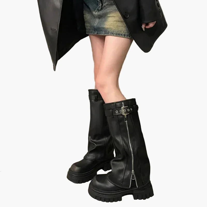 Damers knähöga chunky stövlar med dragkedja – trendiga modekängor för höst och vinter