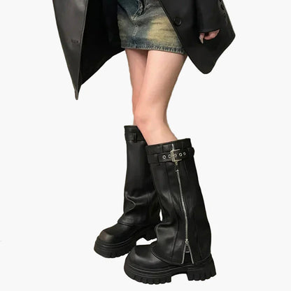 Damers knähöga chunky stövlar med dragkedja – trendiga modekängor för höst och vinter