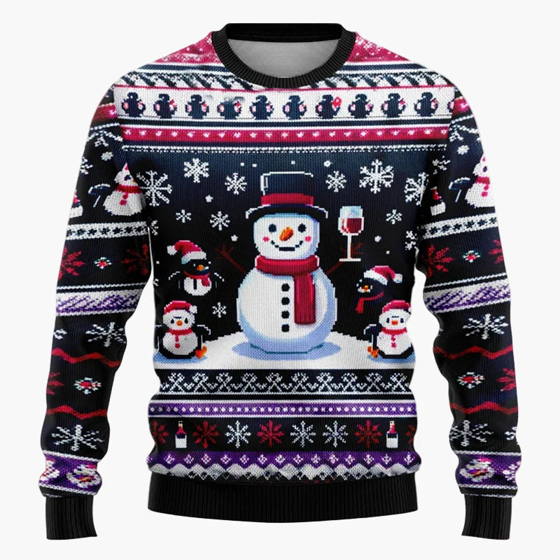 Herr jultröja med tomte och snögubbe – Rolig och varm vintertröja