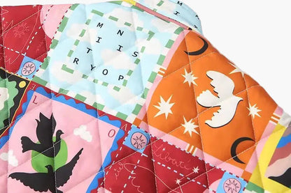 Unisex quiltad patchwork-bomberjacka – Bohemisk streetwear med grafiskt tryck