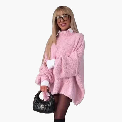 Dam Stickad Oversize Tröjklänning med Ballongärmar och Trendig Look