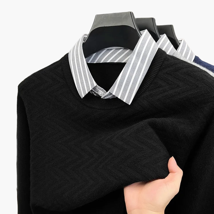 Herr Stickad Tröja med Falsk Skjortkrage – Elegant Vardagsstil och Affärslook