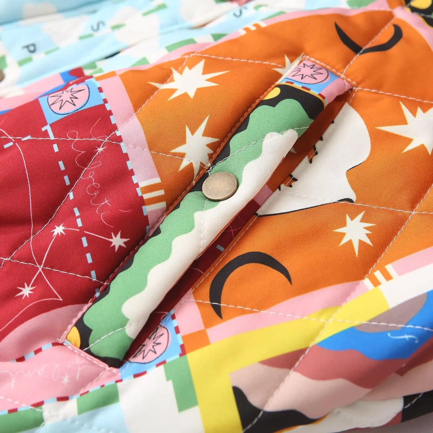 Unisex quiltad patchwork-bomberjacka – Bohemisk streetwear med grafiskt tryck