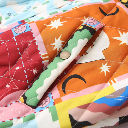 Unisex quiltad patchwork-bomberjacka – Bohemisk streetwear med grafiskt tryck