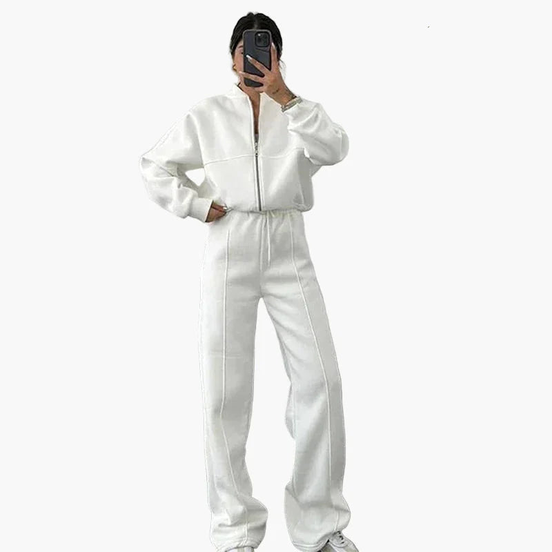 Damers Loungewear Set med Vid Passform – Avslappnad Träningsdräkt med Dragkedja och Vida Byxor