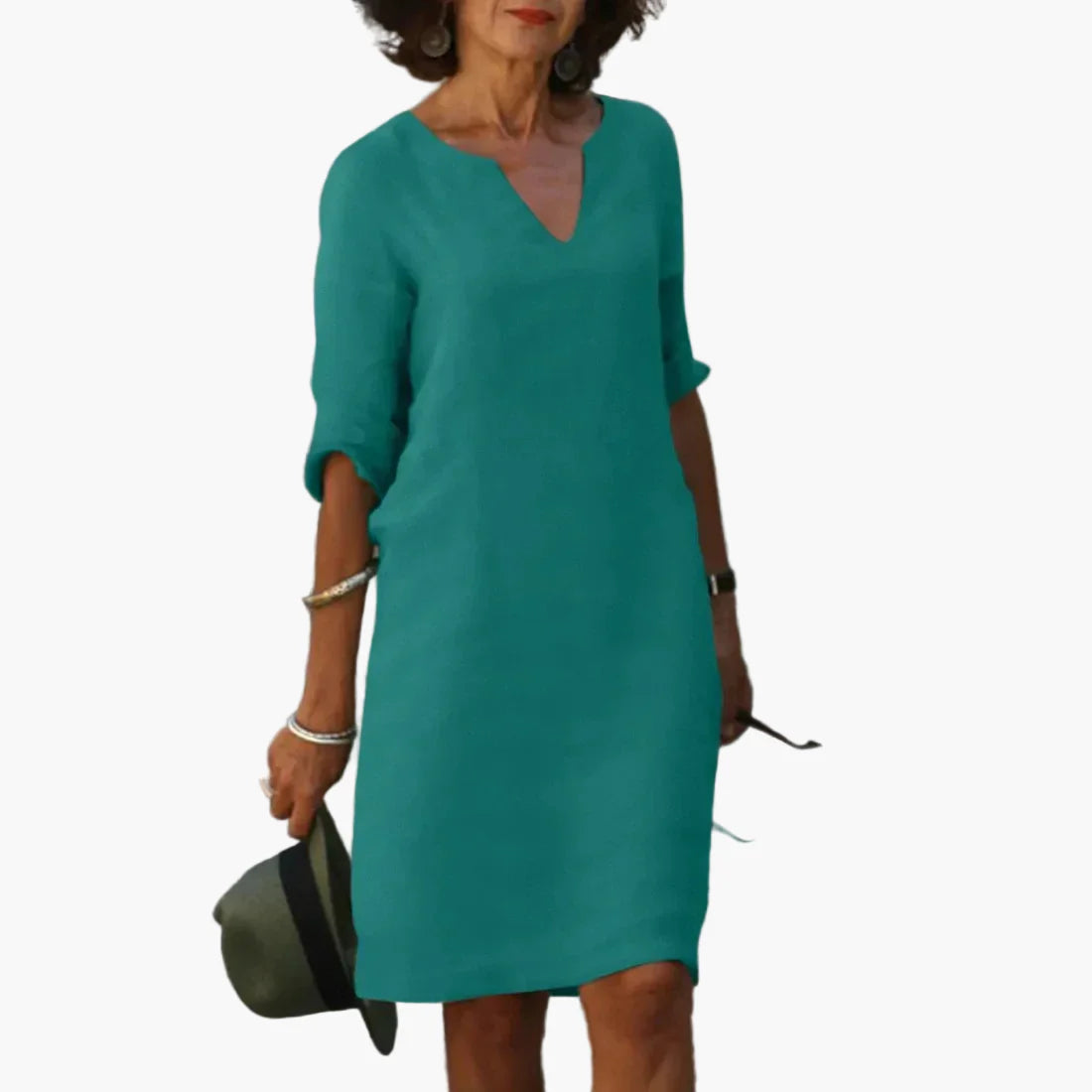 Damklänning med V-ringning och 3/4-ärm – Elegant vardags- och festklänning