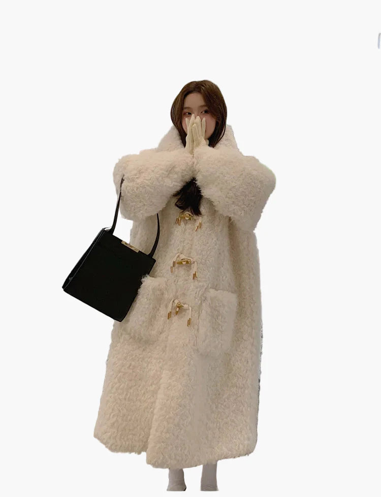 Dam Vinter Oversize Lång Fuskpäls Kappa med Toggle-Stängning och Fickor