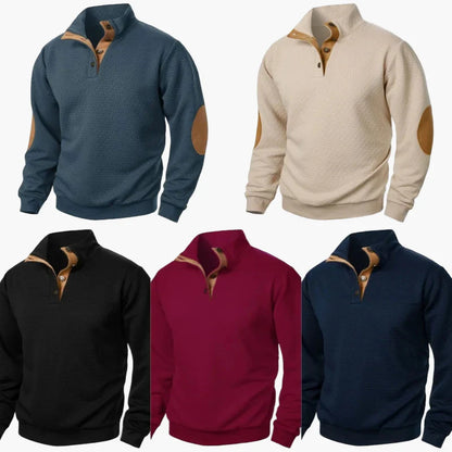 Herrens stickad pullover med trendig halvknäppning och förstärkta armbågar – perfekt för vardag och fritid