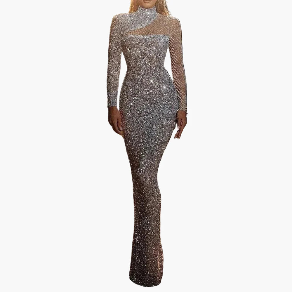 Dam Elegant Långärmad Paljettklänning för Fest och Kvällsbruk