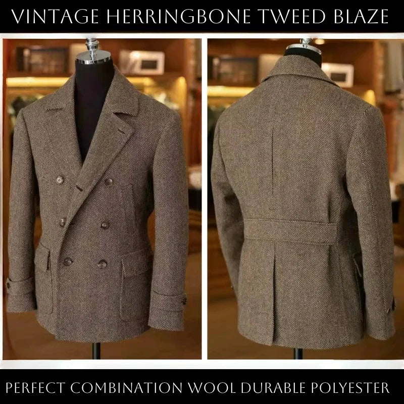Herr Dubbelknäppt Kavaj – Klassisk Herringbone Vintage Blazer för Fest och Vardag