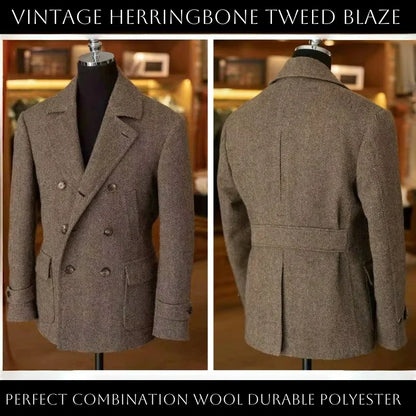 Herr Dubbelknäppt Kavaj – Klassisk Herringbone Vintage Blazer för Fest och Vardag