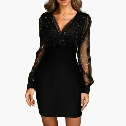 Damklänning för fest – Elegant kort klänning med glittriga transparenta ärmar, perfekt för fest och kvällsbruk