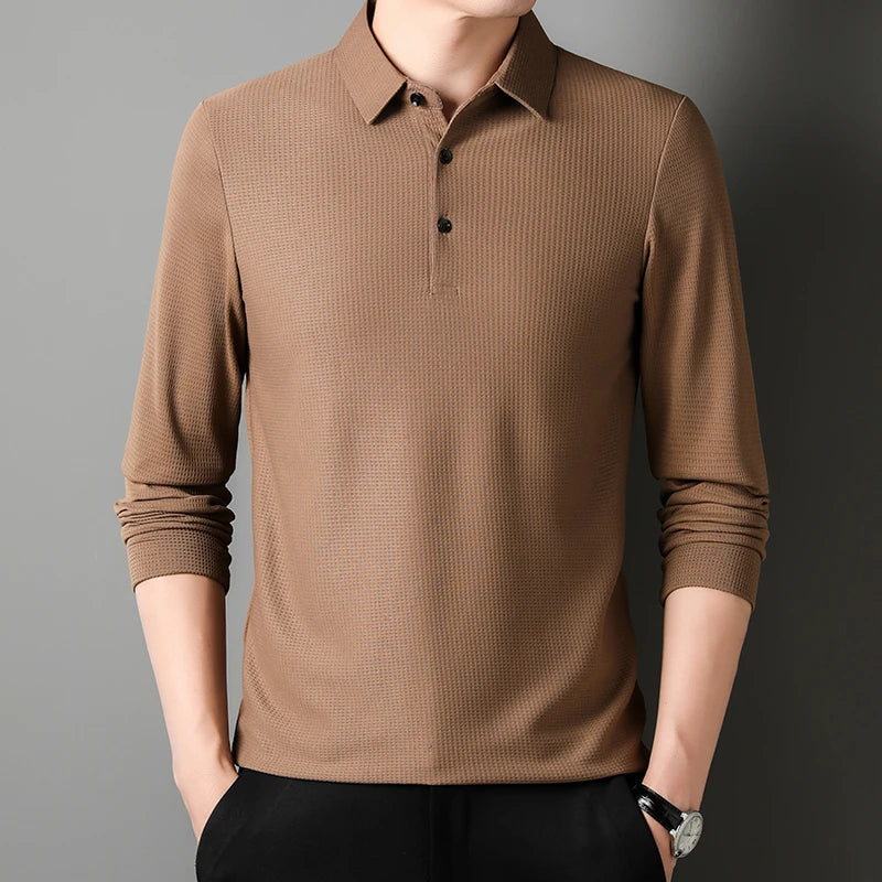 Lucas -Mäns Långärmad Business Casual Polo T-shirt