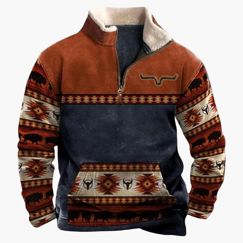 Herrar Western Fleece Pullover – Etno Mönstrad Tröja med Kvartdragkedja och Buffelmotiv