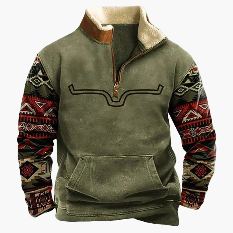 Herrar Western Fleece Pullover – Etno Mönstrad Tröja med Kvartdragkedja och Buffelmotiv