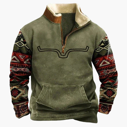 Herrar Western Fleece Pullover – Etno Mönstrad Tröja med Kvartdragkedja och Buffelmotiv