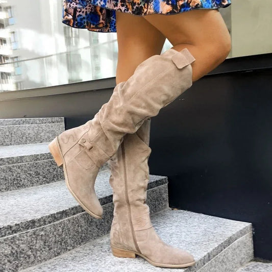 Dam Retro Knähöga Boots Lågklackade – Stilrena Höst- och Vinterstövlar