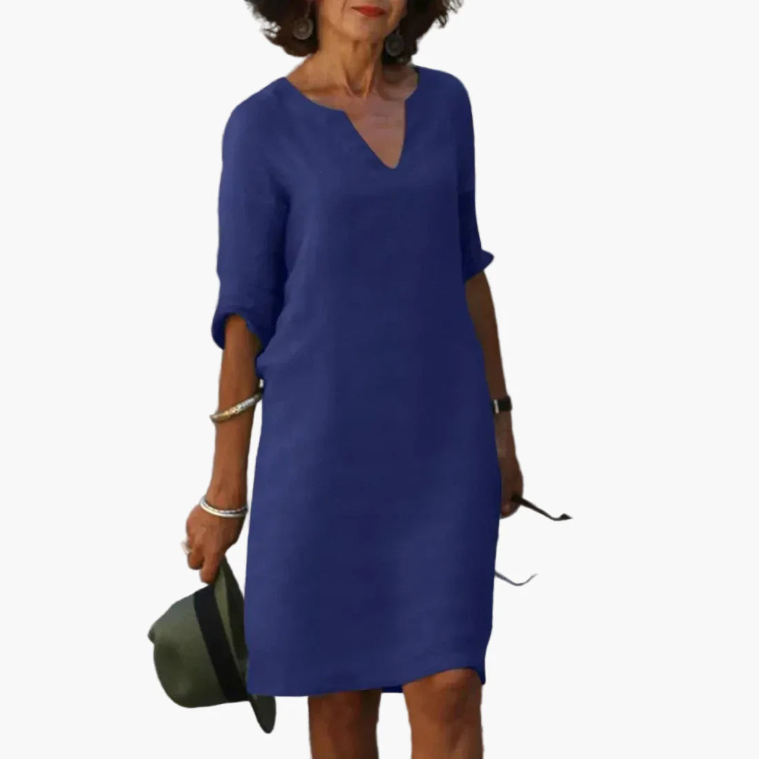 Damklänning med V-ringning och 3/4-ärm – Elegant vardags- och festklänning