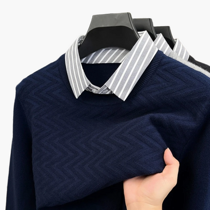 Herr Stickad Tröja med Falsk Skjortkrage – Elegant Vardagsstil och Affärslook
