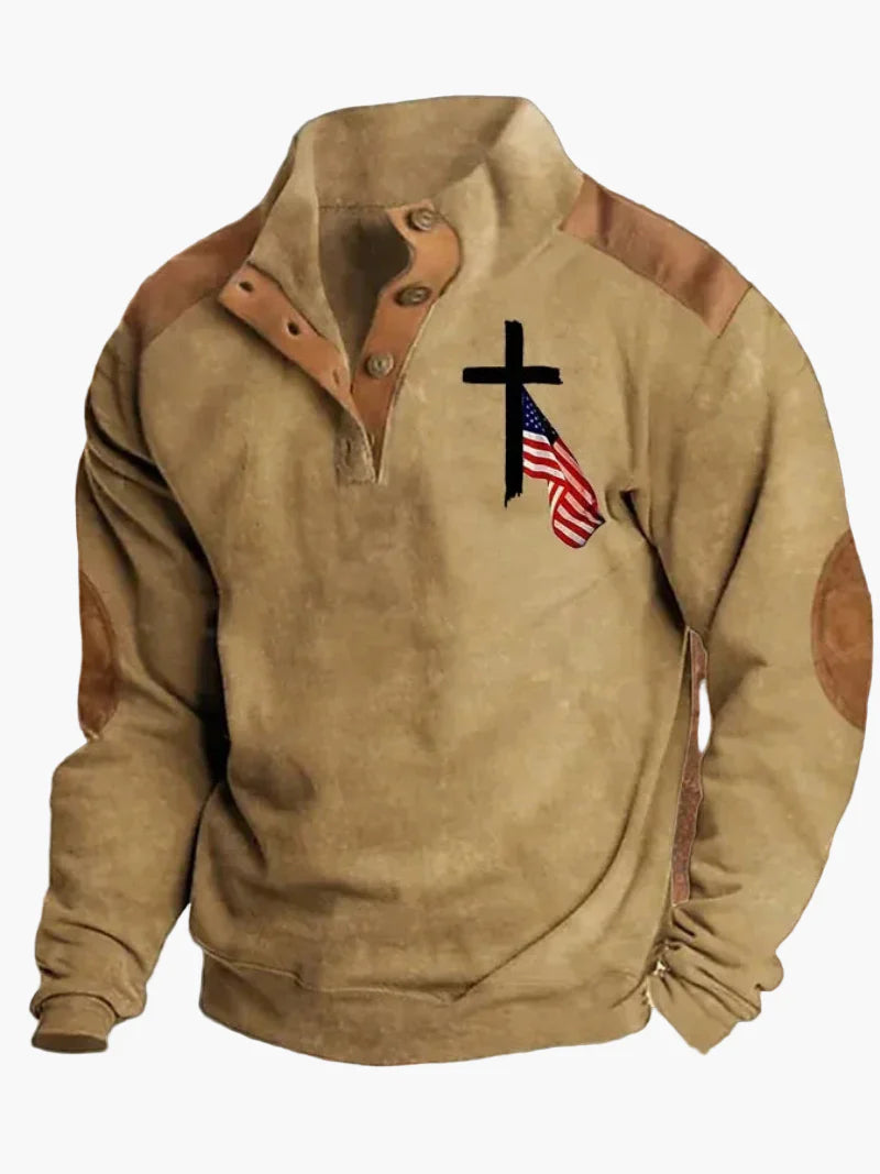 Herrarnas westerninspirerade stickad tröja med tryck – avslappnad cowboystil för vinter och fritid