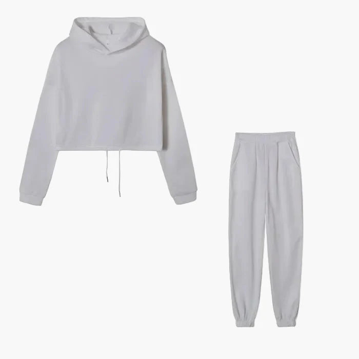 Dam Lounge-set med Kort Hoodie och Joggingbyxor – Trendig Vardagsstil och Mys