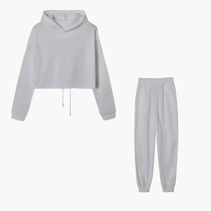 Dam Lounge-set med Kort Hoodie och Joggingbyxor – Trendig Vardagsstil och Mys