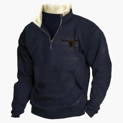 Herrar Western Fleece Pullover – Etno Mönstrad Tröja med Kvartdragkedja och Buffelmotiv