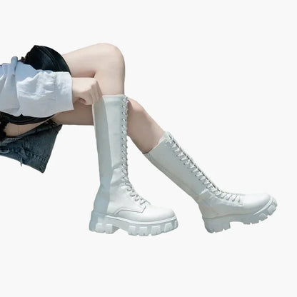 Dam Stövlar Chunky Plattforms Kängor med Snörning – Trendiga Höga Boots för Mode och Vardag