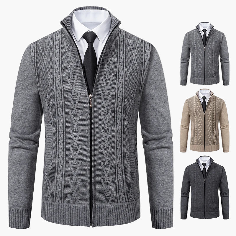 Herrstickad zip-tröja – elegant kabelmönstrad cardigan för vardag och kontor