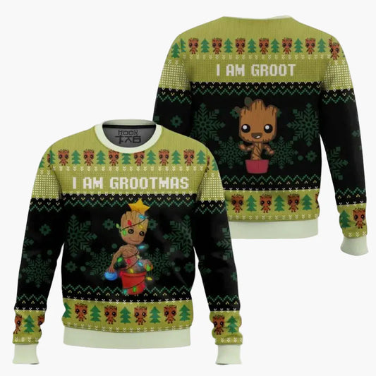 Herrtröja Jultröja Groot "I Am Grootmas" Rolig Stickad Stil Marvel Fanpresent