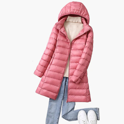 Dam Lång Vadderad Vinterjacka med Huva – Elegant och Varm för Kallt Väder