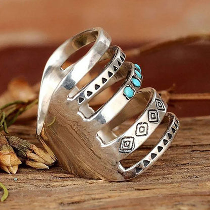 Amanda – Bohemisk Multi-Band Ring med Turkos Detaljer – Vintageinspirerad Etnisk Design