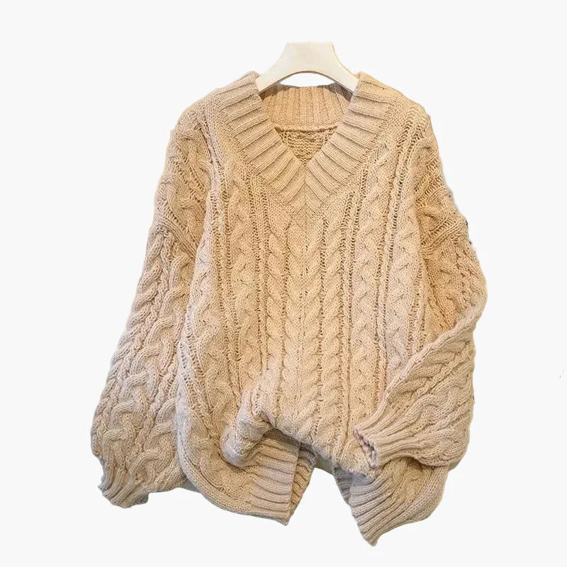 Damstickad V-ringad twisttröja – Avslappnad vinterstil för vardagsbruk