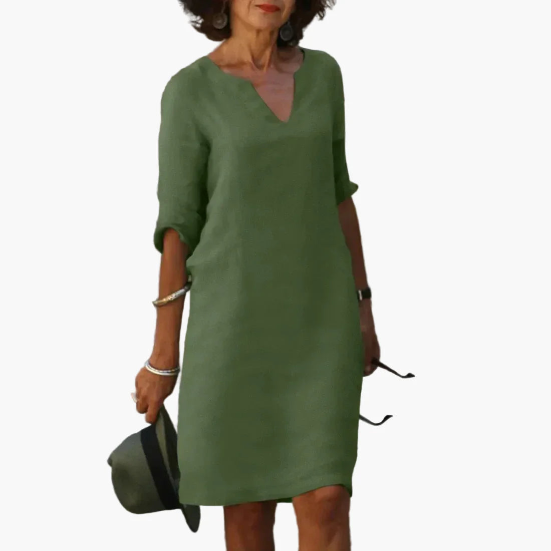 Damklänning med V-ringning och 3/4-ärm – Elegant vardags- och festklänning