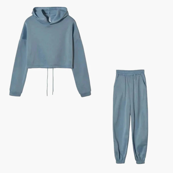 Dam Lounge-set med Kort Hoodie och Joggingbyxor – Trendig Vardagsstil och Mys