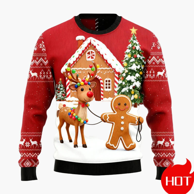 Herr Jultröja Ugly Christmas Sweater med Pepparkaksgubbar, Julgran och Renmotiv – Perfekt för Fest och Julfester