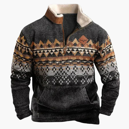 Herrar Western Fleece Pullover – Etno Mönstrad Tröja med Kvartdragkedja och Buffelmotiv