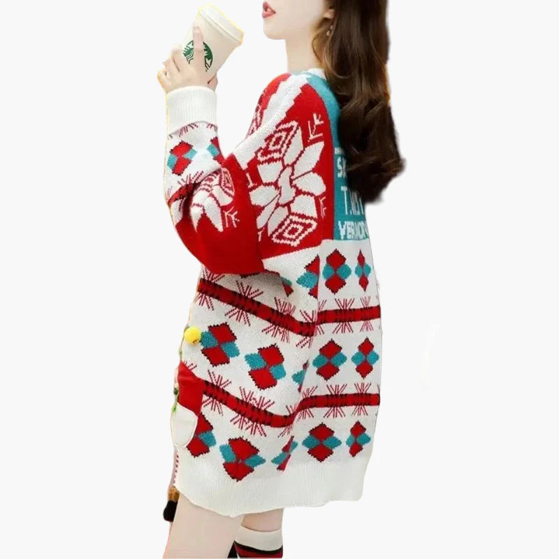 Dam Jultröja Med 3D Snögubbe Dekor – Rolig Oversize Stickad Tröja För Julfest