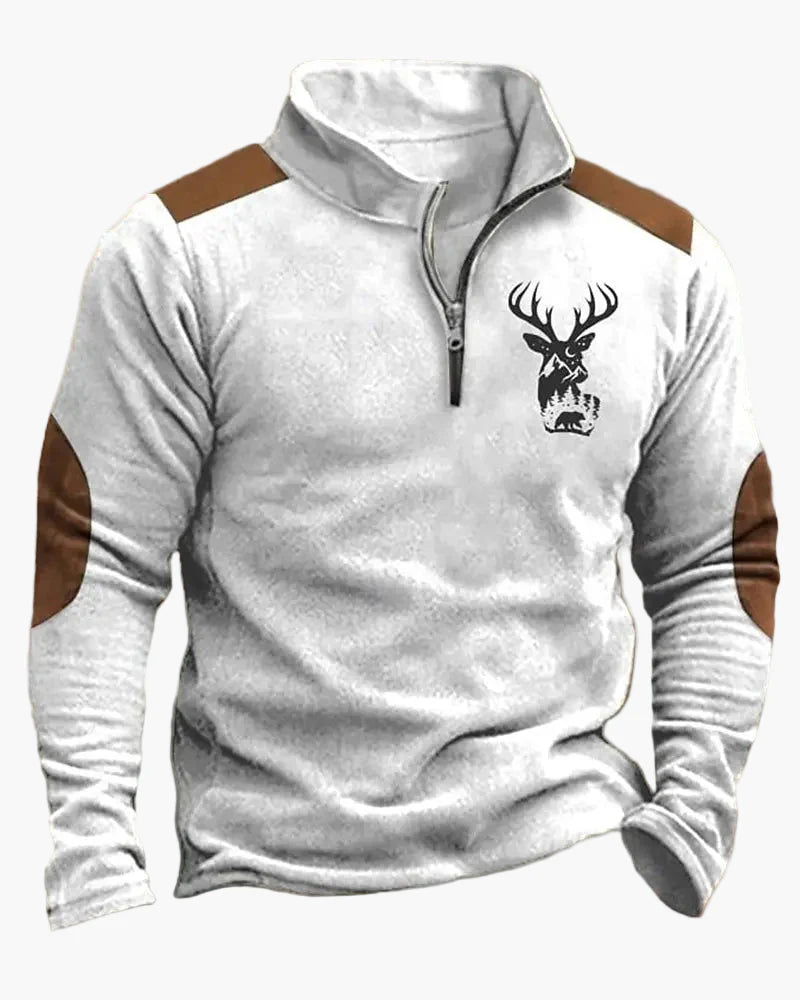 Herrtröja med halv dragkedja och älgmotiv – Sportig och avslappnad stil för utomhusbruk